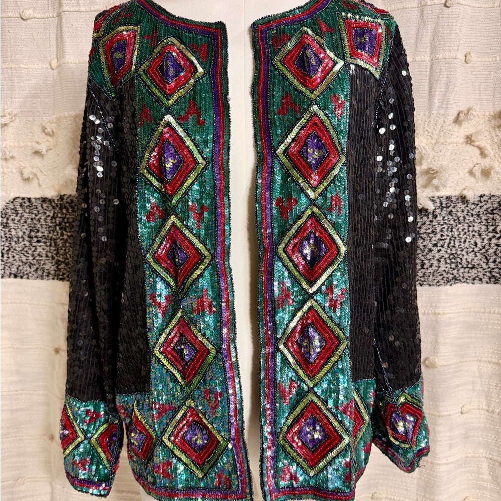 Vintage Joseph Le Bon Beaded Sequin Open Front Jacket - Multicolor Diamond Motif